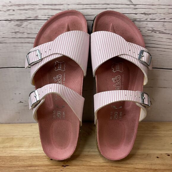 Birkis Birkenstock Women Sz 8  Pink Birko-Flor Aziza Narvic Stripes Slide Sandal - Picture 10 of 16